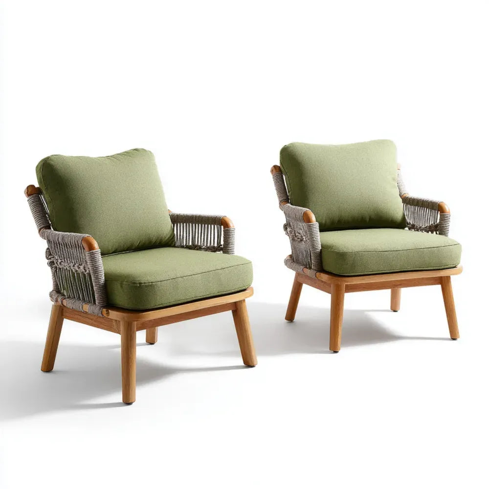 Patio Lounge Chairs Set - 75x70x85 cm Teak Wood Frame Olefin Cushions - Green