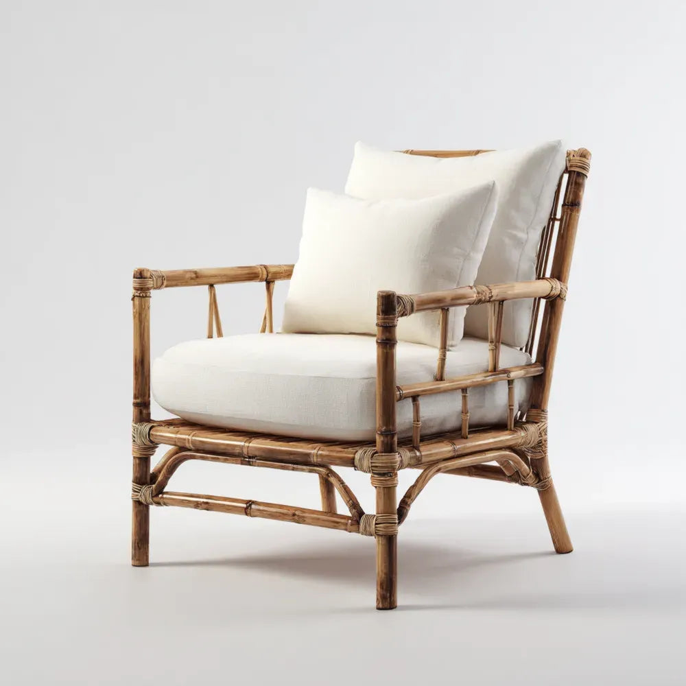 Patio Lounge Chair – Rattan Frame with Cream Cushion – 60x75x85 cm – Bohemian Style