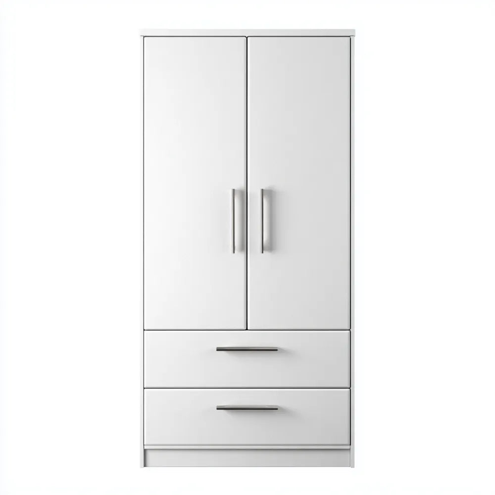 Wardrobe 180x80x50 cm - White Wood 2-Door 2-Drawer